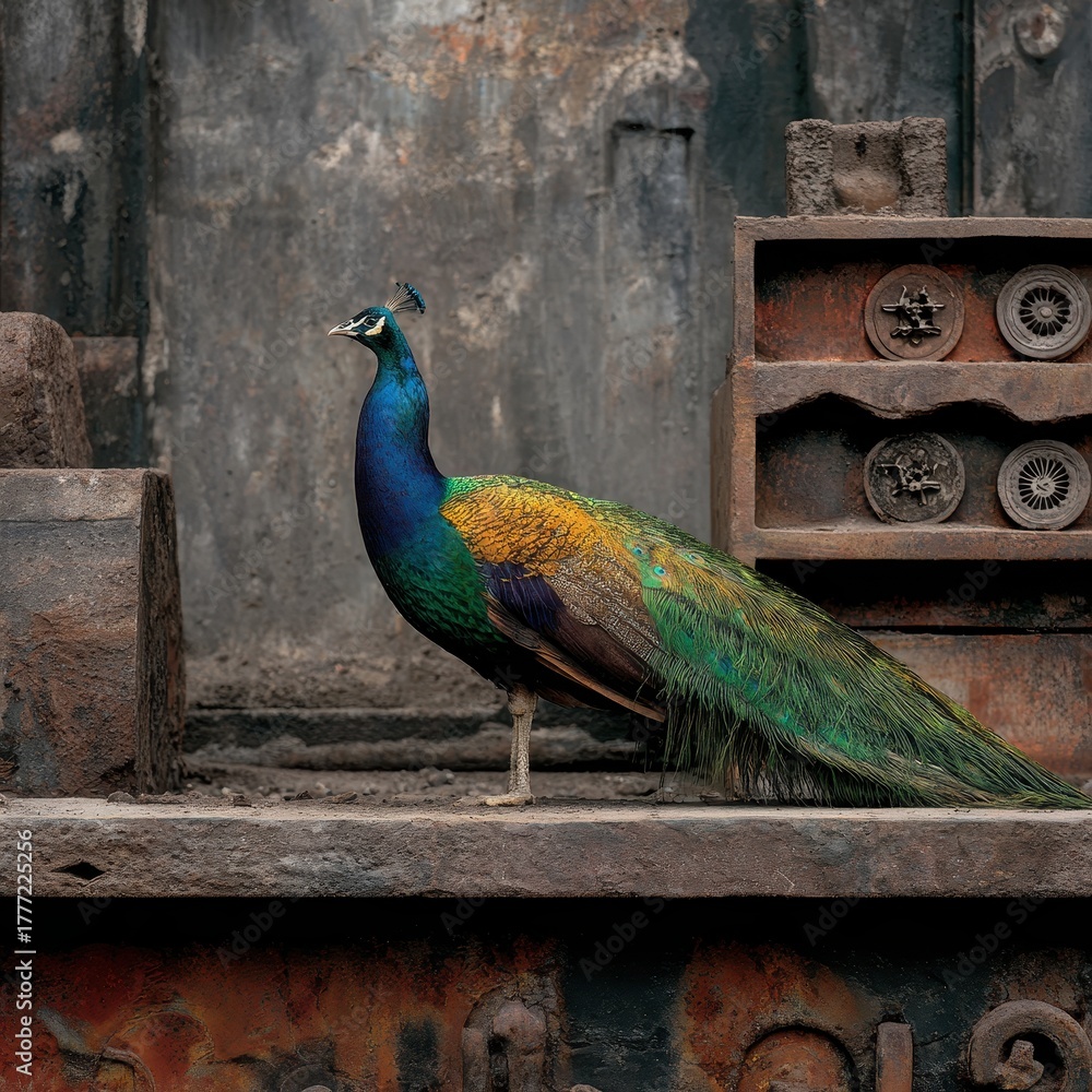 Obraz premium Proud Peacock Displaying Its Vibrant Feathers Amidst Rusting Metals