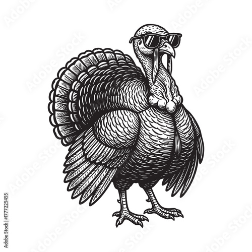 Cool Turkey Bird Wearing Sunglasses Engraving Vector Illustration