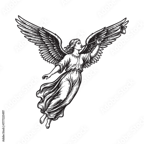 Flying Angel Trumpet Herald Engraving Vector Illustration