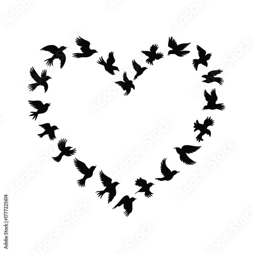 Heart shaped flock of birds silhouette