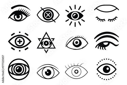 Diverse collection of modern eye icons representing vision surveillance and perception in various styles