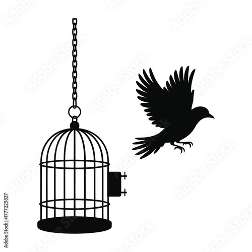 Bird escaping open cage silhouette freedom concept