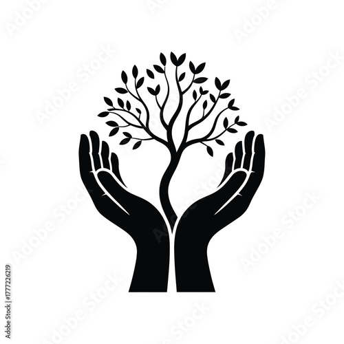 Hands cradling a growing tree symbolizing life and growth