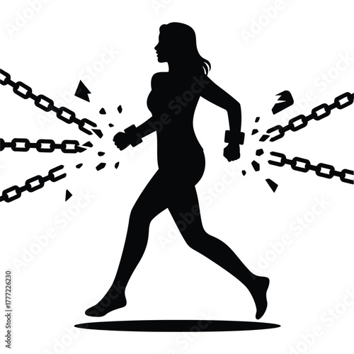 Silhouette of a woman breaking free from chains