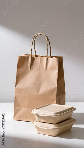 Eco-friendly paper bag and food containers on white background