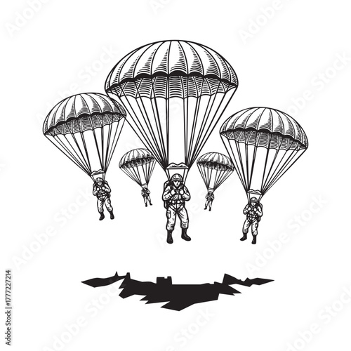 Military Soldier Parachuting Skydiving Engraving Vector Illustration