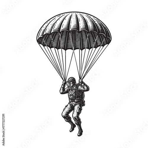 Military Soldier Parachuting Skydiving Engraving Vector Illustration