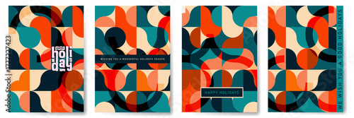happy holidays greeting card design set vector illustration, shape geometric abstract design for holiday cover design or party invitation card, marketing material, web banner, social media post