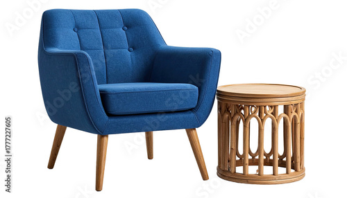 Blue armchair with wooden table, modern cozy