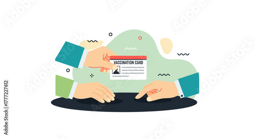 An illustrated representation of a vaccination card being presented, symbolizing health and immunity in a modern, flat-design style.