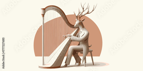 Whimsical Harpist Deer Man Playing Harp in Surreal Scene