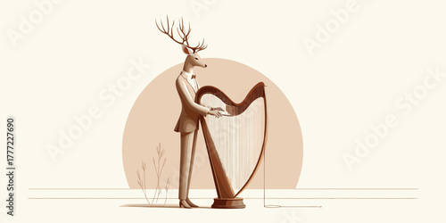 Whimsical Illustration Deer in Formal Attire Playing a Harp with Elegant Style