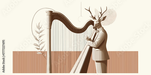 Surreal illustration of an elegant deer-headed man in a suit standing thoughtfully by a classical harp