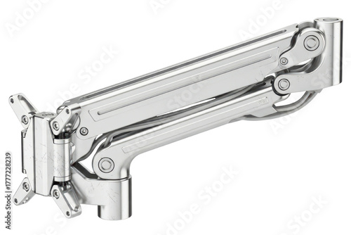 Detailed silver articulating computer monitor display arm isolated on transparent background
