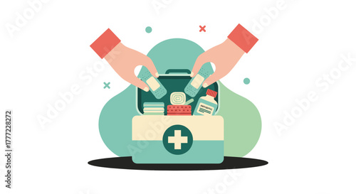 Illustration of hands reaching into a first aid kit, grabbing bandages and medical supplies for healthcare and emergency situations.