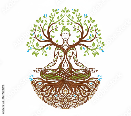 Harmony and balance within Meditative figure integrated with a vibrant tree, symbolizing growth and well-being