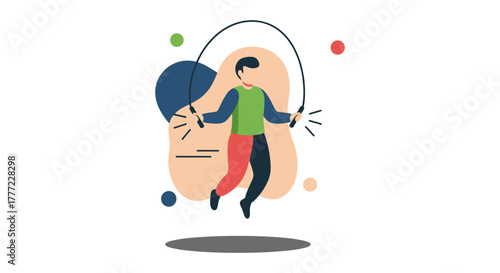 An illustrated person is shown jumping rope with an abstract background, promoting fitness and exercise in a minimalist style.