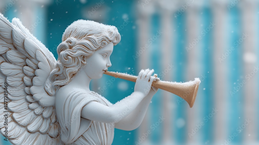 Fototapeta premium Snowy Angel Statue Playing Golden Trumpet