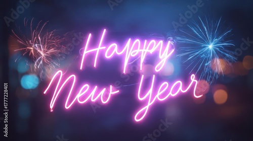 Bright neon pink happy new year text glowing against a dark background with fireworks and bokeh lights