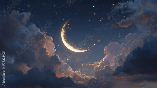 Romantic Moon In Starry Night Over Clouds