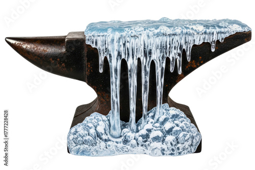Frozen blacksmith anvil covered in melting ice and icicles isolated on transparent background