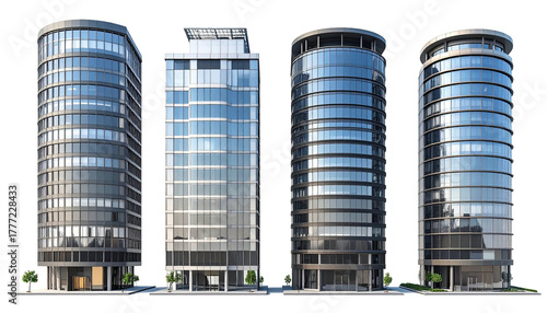 Four modern glass skyscrapers against a black background