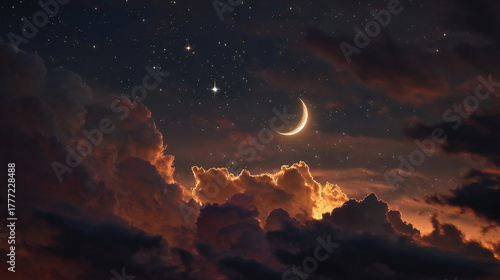 Romantic Moon In Starry Night Over Clouds