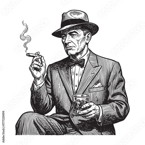 Gentleman with Cigar and Whiskey Drink Engraving Vector Illustration