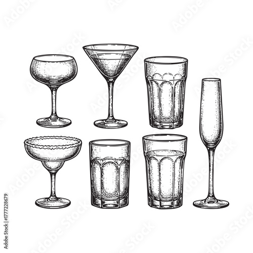 Set of Classic Cocktail Liquor Glasses Engraving Vector Illustration