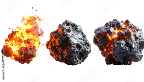 Three space rocks burning, gray, and glowing