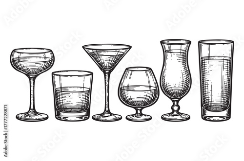 Set of Classic Cocktail Liquor Glasses Engraving Vector Illustration
