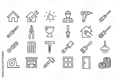 Black and white line icons of construction and repair tools for home improvement projects