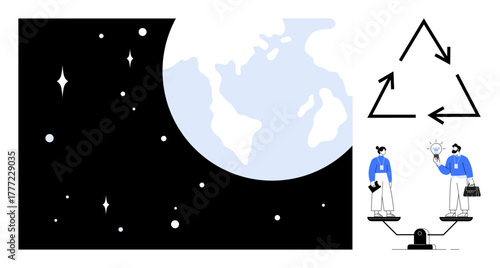 Earth in space, recycling symbol, team balancing ideas. Ideal for sustainability, collaboration, innovation, teamwork, balance ecology awareness. Simple flat metaphor