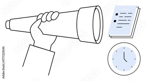 Hand gripping a telescope symbolizes vision, focus, future. Clock denotes time management. Documents embody planning and organization. Ideal for leadership, strategy, productivity, goals foresight