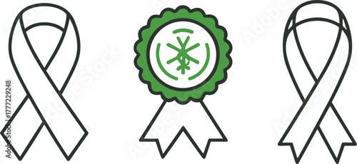 Awareness and recognition ribbon icon set vector—white loop ribbons and green rosette with snowflake for advocacy-themed compositions 