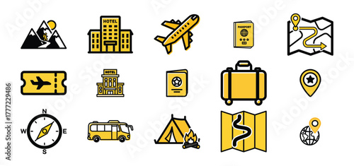 Travel and tourism icons for web design elements transparent background