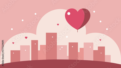 Romantic City Skyline with Heart Balloons