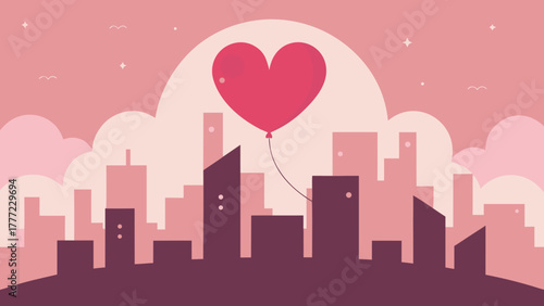 Romantic City Skyline with Heart Balloons