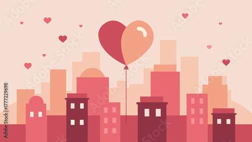 Romantic City Skyline with Heart Balloons