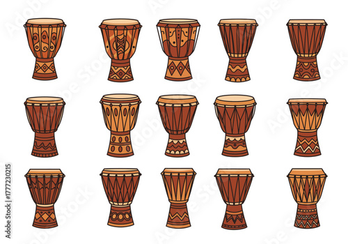 Collection of Djembe Drums Traditional Percussion Instruments