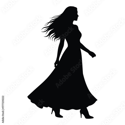 Elegant silhouette of a woman in a flowing gown confidently walking, embodying grace and sophistication in motion.