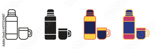Vacuum flask and cup icon set.  Keeping coffee and tea hot ,Camping or alpinist thermos tumbler flask for hot drink .Silhouette symbol on white space Vector isolated illustration. vector illustration
