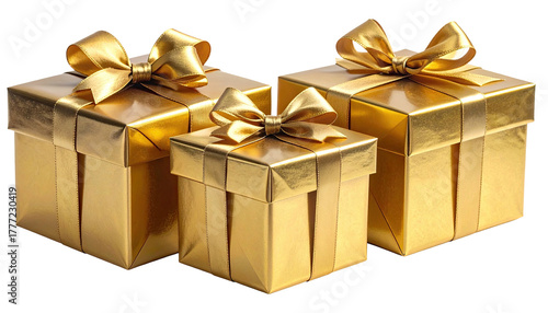 Three shining golden presents with bows, arranged