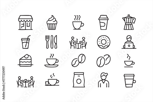 Modern line icons featuring coffee, donut, and barista tools for cafe design