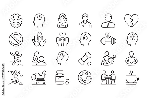 Clean mental health line icon collection for awareness and healthcare design