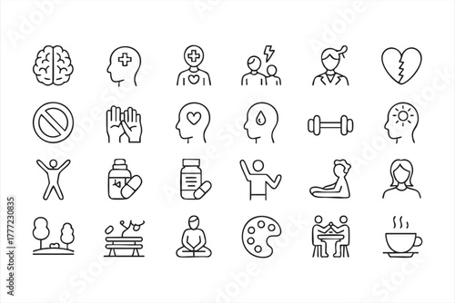 Minimalist vector set of psychology, therapy, and emotional wellbeing symbols