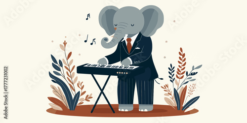 Whimsical elephant in a suit playing the keyboard amidst a decorative natural landscape