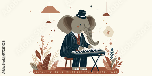 A delightful vector illustration featuring a dapper elephant, dressed in a sharp suit and top hat,.