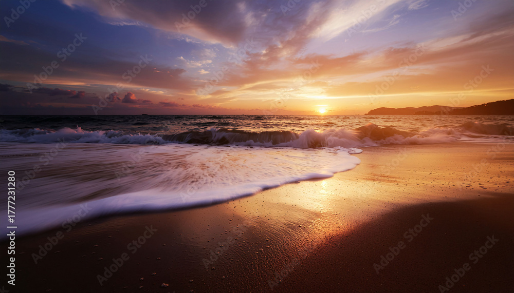 Fototapeta premium Golden hour sunset paints the sky with vibrant hues over a tranquil ocean, waves gently lapping the sandy shore creating a serene, breathtaking seascape.