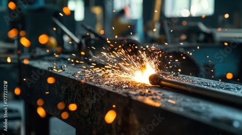 The sharp curve of a flame from a blowtorch heats metal in a workshop filled with tools sparks and intense focus
